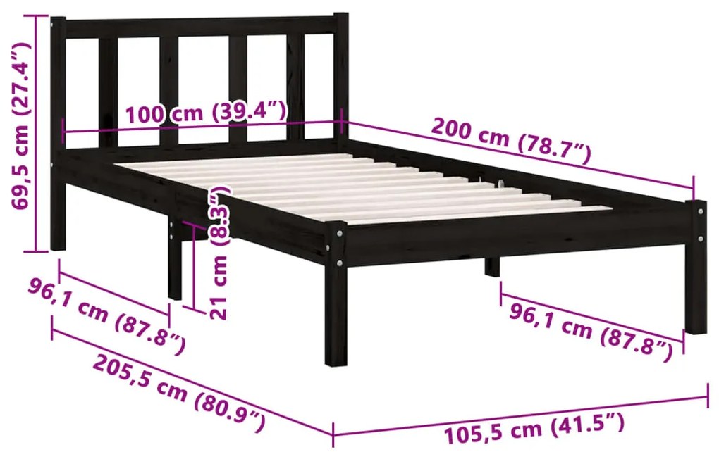 Estrutura de Cama Jane em Madeira de Pinho - 100x200 cm - Preto - Desi