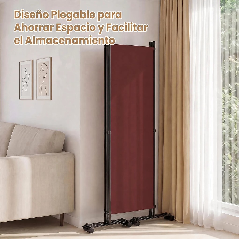 Biombo Separador de Ambientes Dobrável de 4 Painéis, 221 x 35,5 x 173 cm, Rodas Multidirecionais com Travão, Castanho