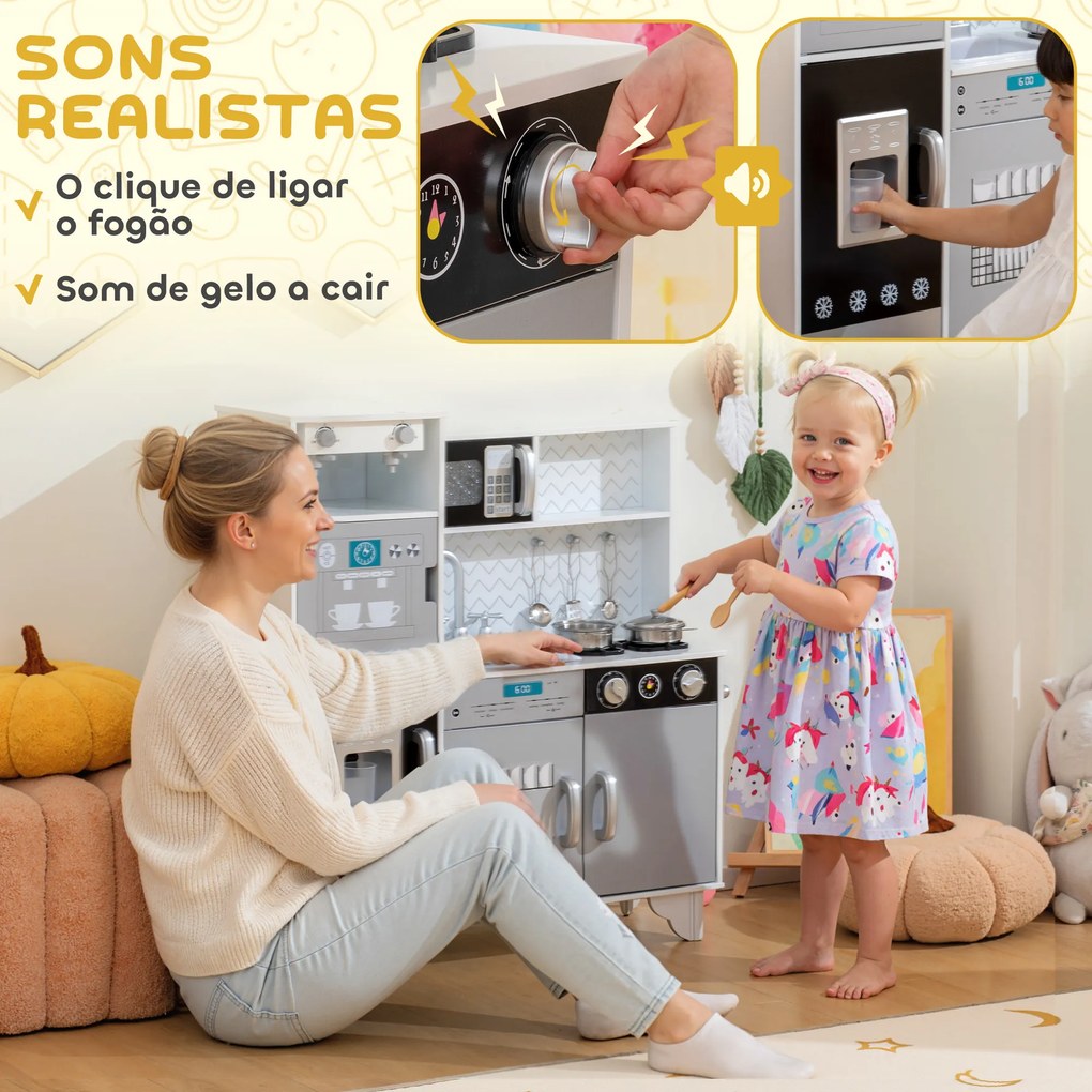 Cozinha de Madeira com Som Acessórios em Aço Inoxidável Micro-Ondas, Máquina de Gelo Cafeteira, Máquina de Lavar Loiça 79,5x24x83,8 cm Branco