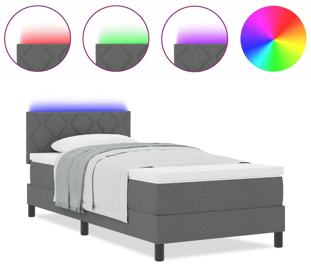 Cama Box Spring com Colchão &amp; LED Cinza Escuro 90x190 cm Tecido