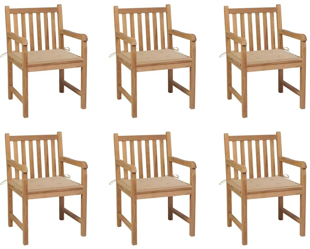 Cadeiras de jardim c/ almofadões beges 6 pcs teca maciça