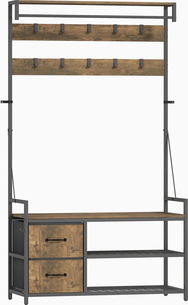 Móvel Cabide de Entrada com Banco 10 Ganchos 2 Gavetas e Barra para Pendurar Estilo Industrial 100x40x180 cm Castanho Rústico