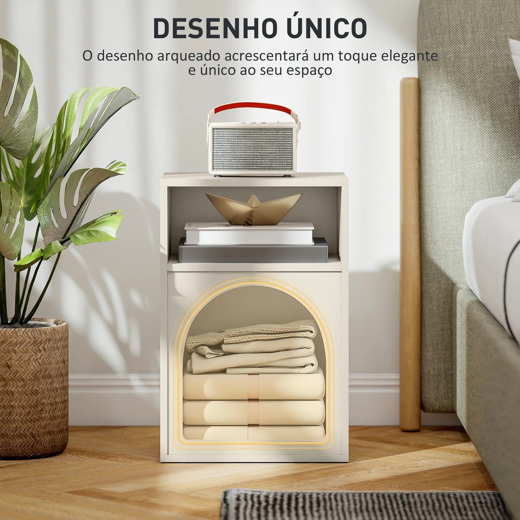 Mesa de Cabeceira Moderna Mesa de Cabeceira Estreita com 2 Compartimentos Abertos Desenho em Forma de Arco 40x30x60 cm Creme