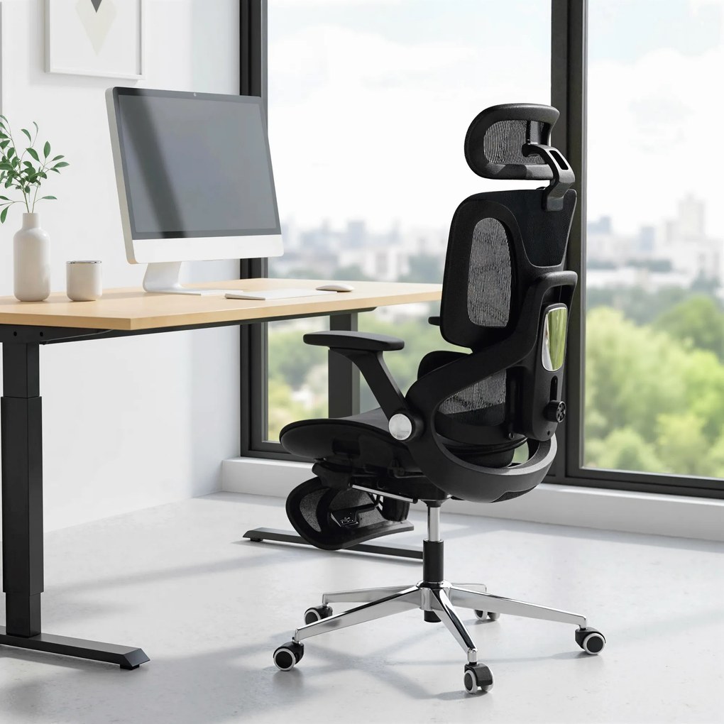Cadeira de escritório ergonómica com braços 4D, apoio para a cabeça e profundidade do assento ajustáveis, em malha preta