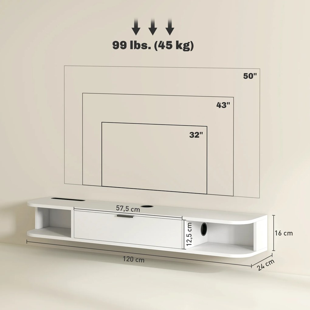Móvel de TV suspenso, móvel para televisores até 50 polegadas, com gaveta rebatível e 2 prateleiras, 120 x 24 x 16 cm, branco