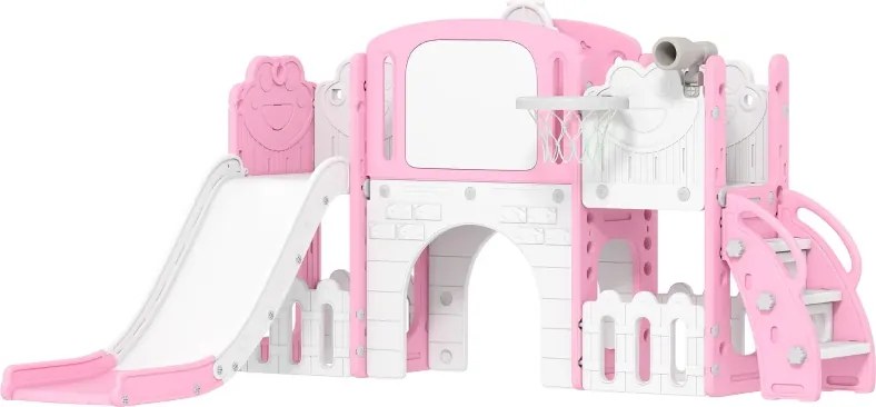 Escorrega Infantil 7 em 1 para Crianças Tema de Sapo com Aro de Basquetebol Túnel Quadro Telescópio de Brincar Trepador 176x150x94 cm Rosa