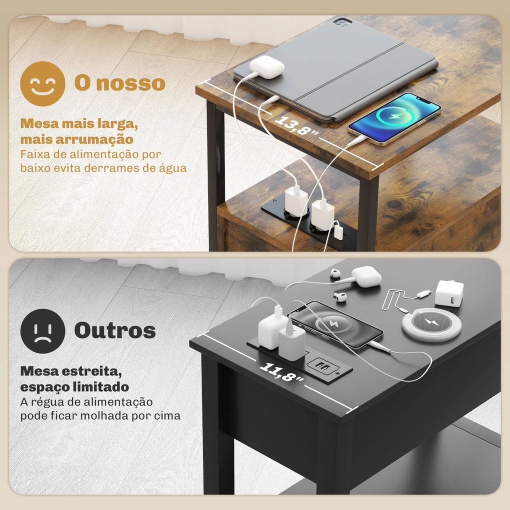 Mesa Auxiliar com Estação de Carga Entrada USB e Tomada Elétrica Mesa