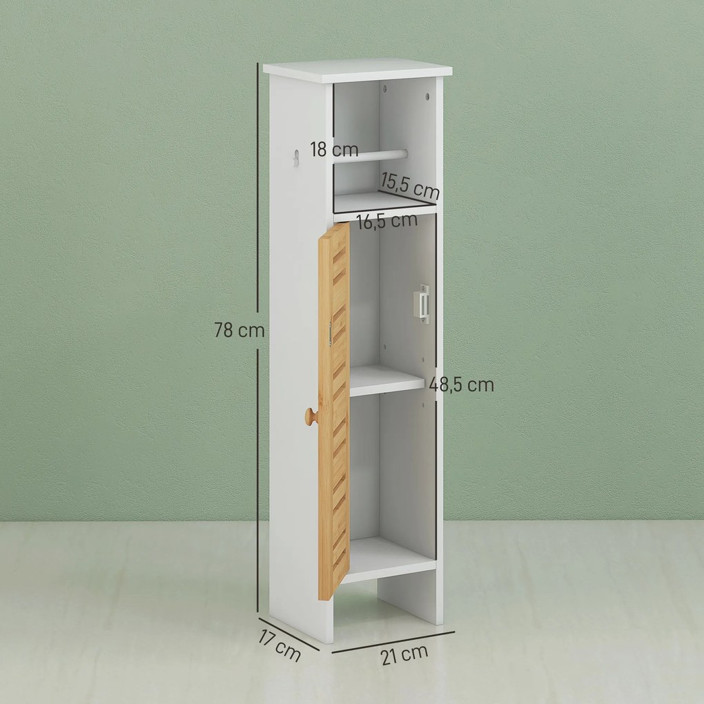 Coluna Casa de Banho Pequena Moderna Móvel Auxiliar Casa de Banho com Suporte para Papel Higiénico 21x17x78 cm Branco e Madeira