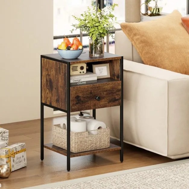 Conjunto de 2 mesas de cabeceira, mesas apoio 40 x 32 x 65 cm com Estação de carregamento, Compartimento aberto Gaveta Castanho Rústico