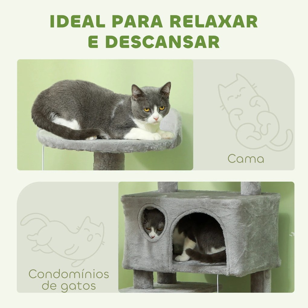 Arranhador para Gatos com Postes de Sisal Plataformas Cavernas Bolas Pendentes e Redes 49x49x138 cm Cinza Claro