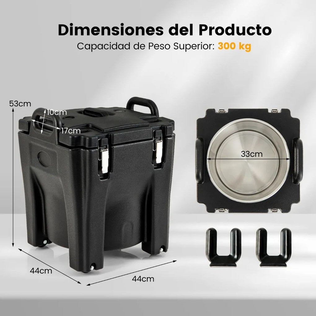 Aquecedor de comida portátil empilhável de 30 L com barril de aço inoxidável 2 pegas 4 rodas Aquecedor de sopa para campismo Preto
