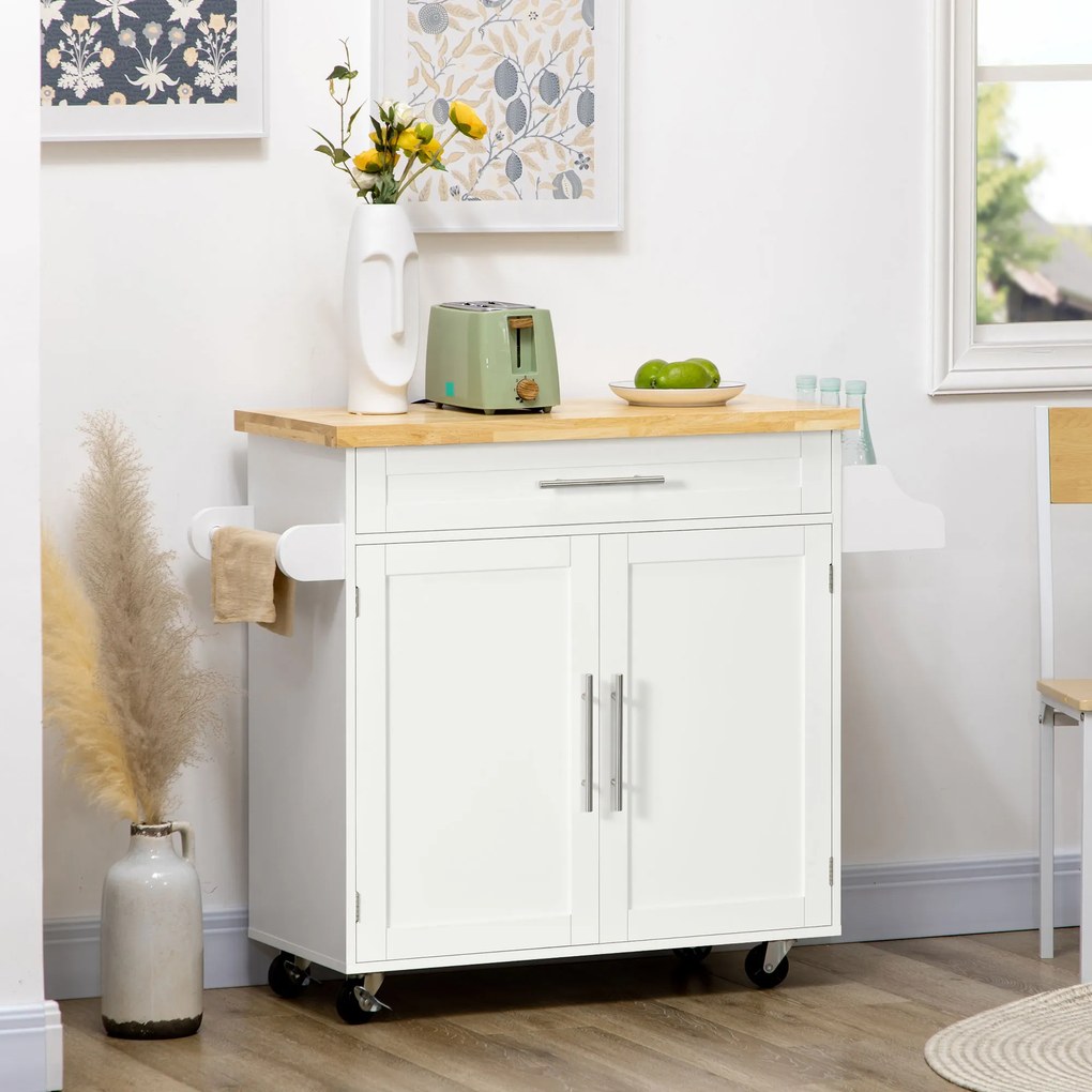 Carrinho de Cozinha com Prateleira Interior Ajustável Gaveta Barra e Suporte para Temperos 109x40x89 cm Branco