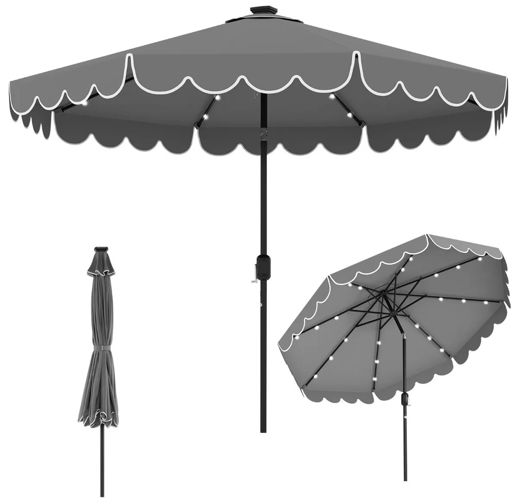 Guarda-sol de 300 cm com 24 luzes LED, parte superior ventilada, folhos e ajuste de inclinação cinzento