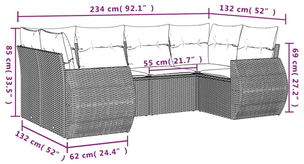 6 pcs conjunto de sofás p/ jardim com almofadões vime PE bege