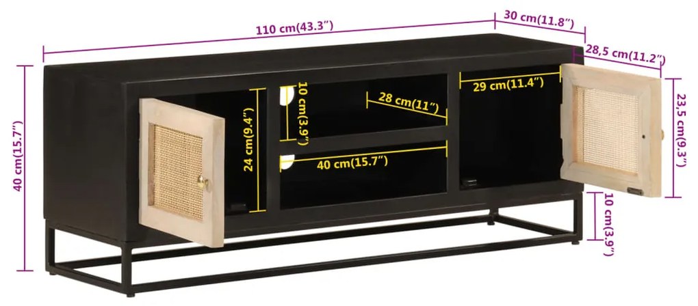 Móvel de TV 110x30x40 cm mangueira maciça e ferro preto