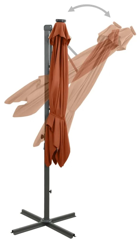 Guarda-sol jardim cantilever c/ poste/luzes LED 300cm terracota