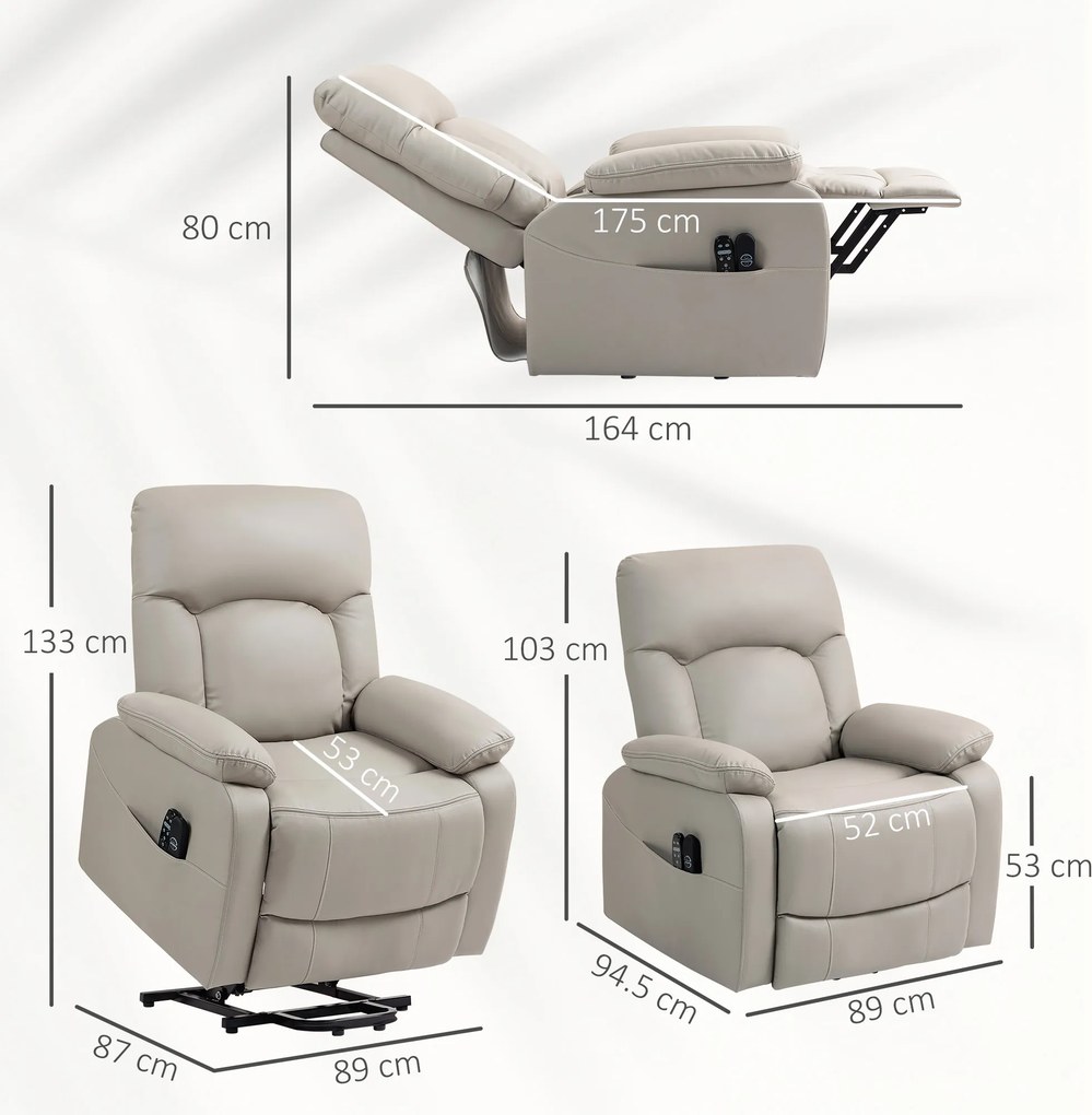 Poltrona elevatória elétrica, 89 x 94,5 x 103 cm poltrona relax elétrica com função de massagem e aquecimento, cinzenta