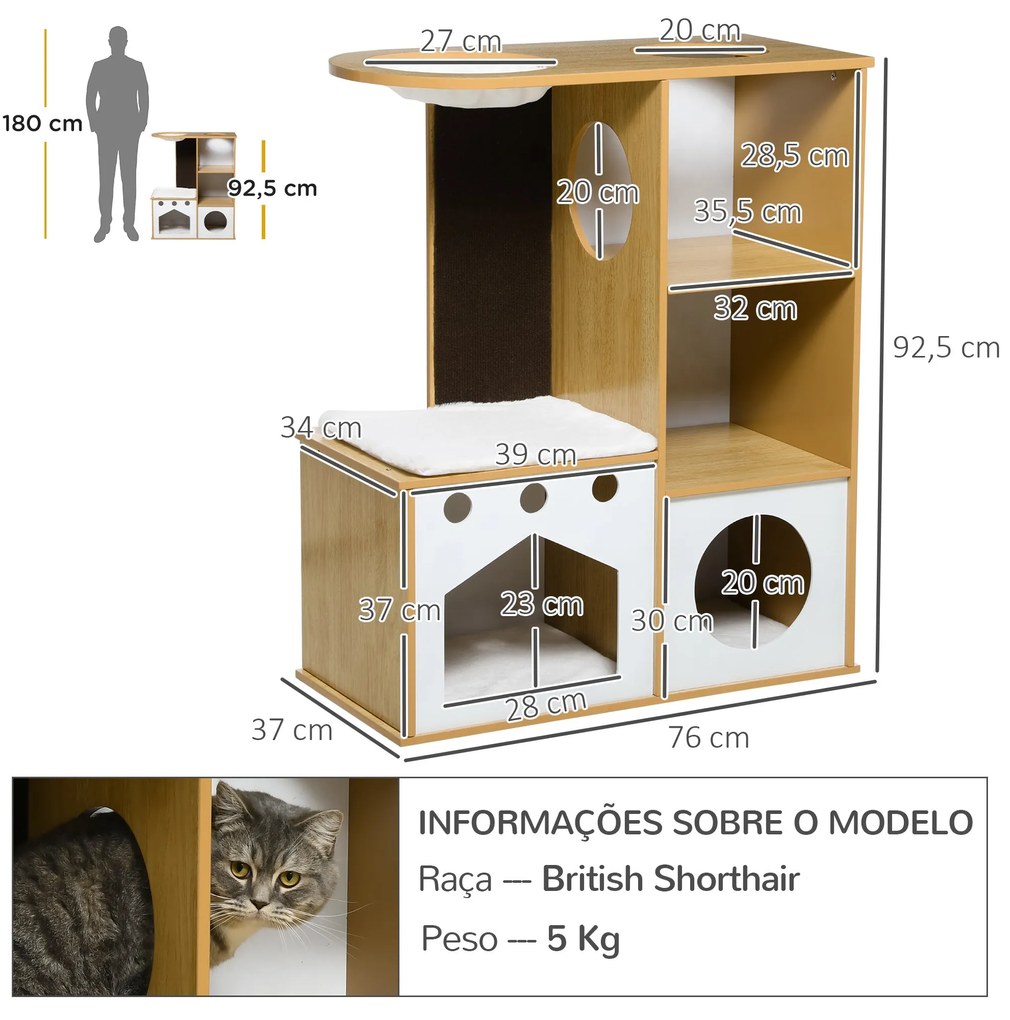 PawHut Casa para Gatos de Madeira 92,5cm Torre para Gatos com 2 Cavern