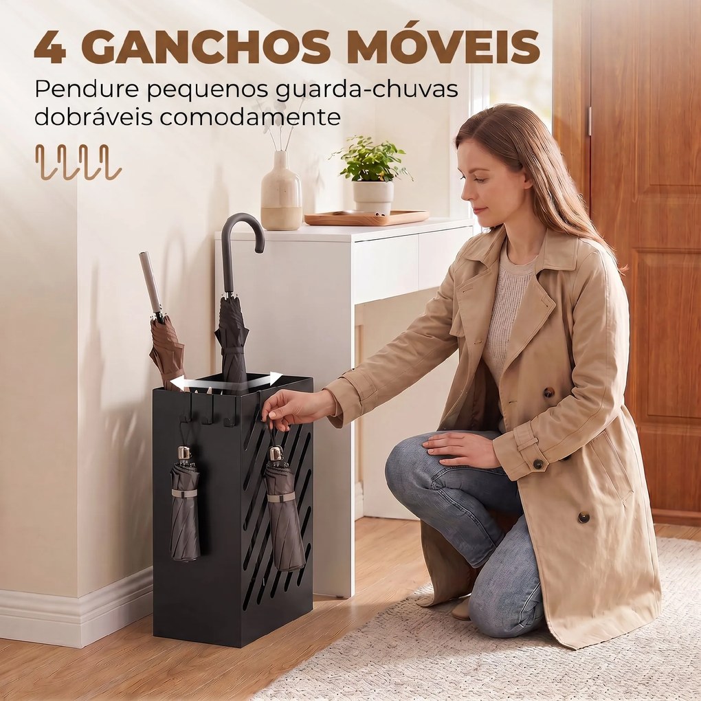 Suporte para Guarda-Chuvas em Aço Galvanizado, Estreito, com Tabuleiro Recolhe-Gotas Amovível, 4 Ganchos, 28x14x41 cm, Preto