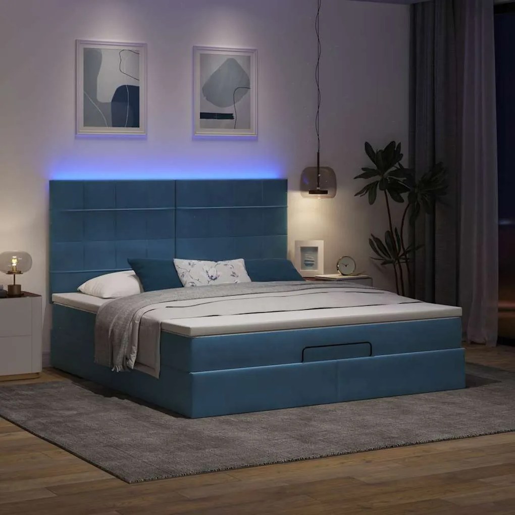 Estrutura de cama otomana com colchão azul escuro veludo