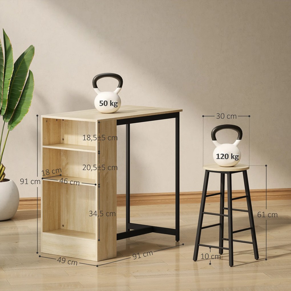 Conjunto de mesa de bar com bancos, compartimentos abertos, prateleira ajustável e apoio para os pés, em carvalho e preto