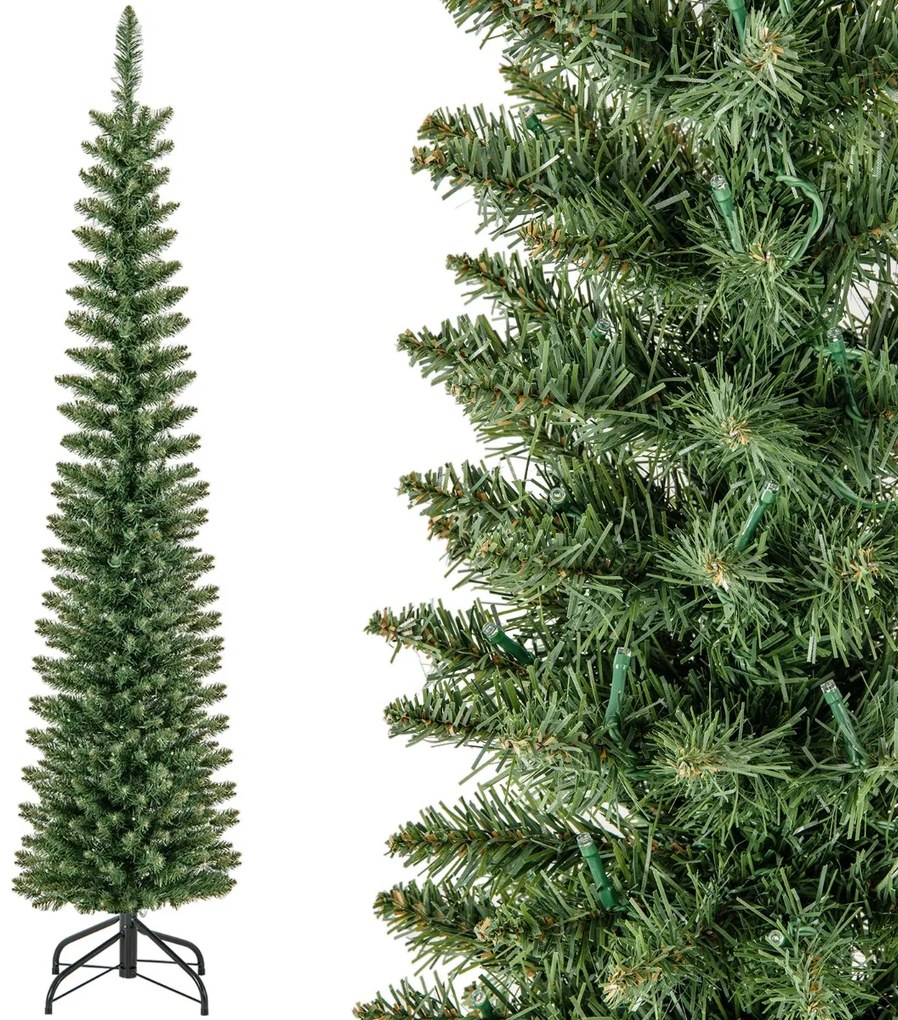 Árvore de Natal artificial de 210 cm, pré-iluminada, 499 galhos, 200 luzes LED brancas quentes, suporte de metal dobrável