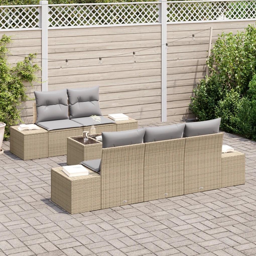 Conjunto de Sofás de Jardim de 6 Peças com Almofadas Polirattan Bege