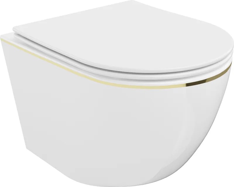 Mexen Lena sanita wc Rimless com assento soft close slim, duroplast, branco/linha dourada - 30224005