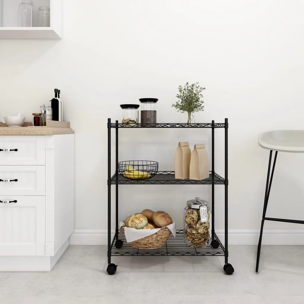 vidaXL Unidade de 3 prateleiras com rodas 60x35x81 cm 150 Kg preto
