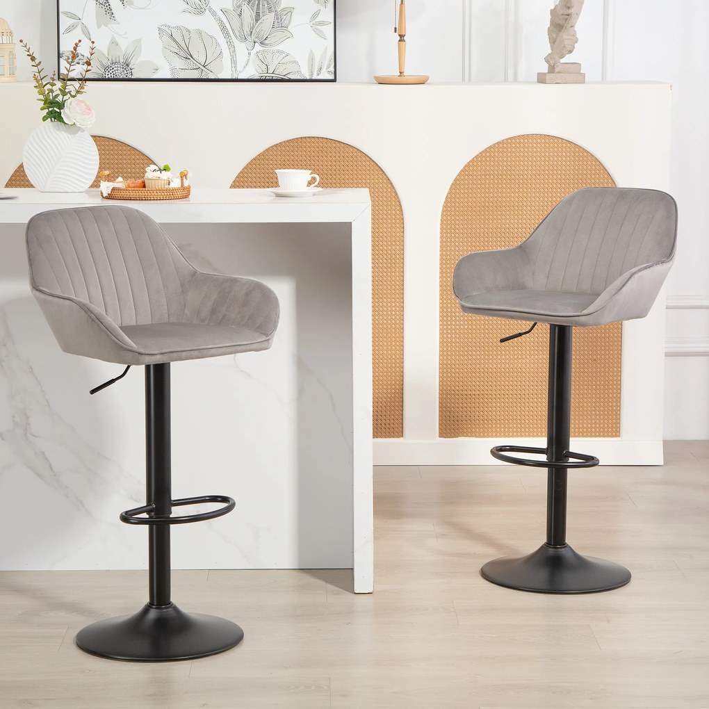 Conjunto de 2 bancos de bar, cadeiras de bar em veludo com encosto, apoio para os pés, altura ajustável e giratórias, na cor cinzenta