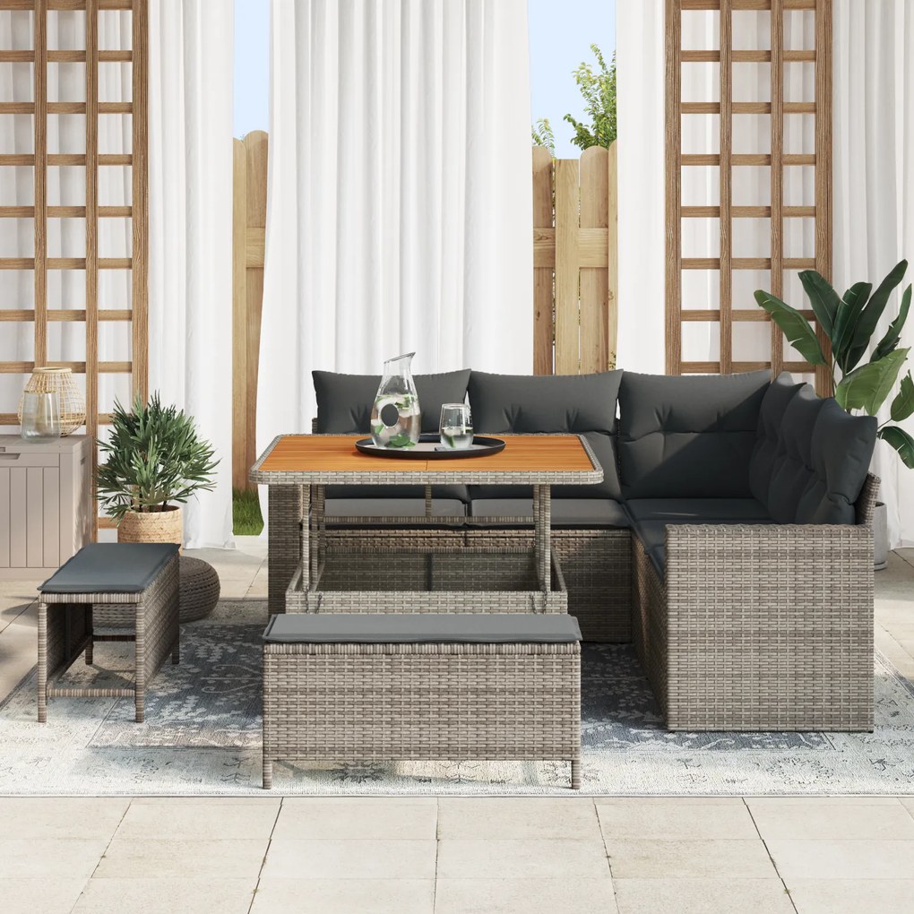 Conjunto de Sofás de Jardim com Almofadas Cinza Vime Acácia de 8 Peças