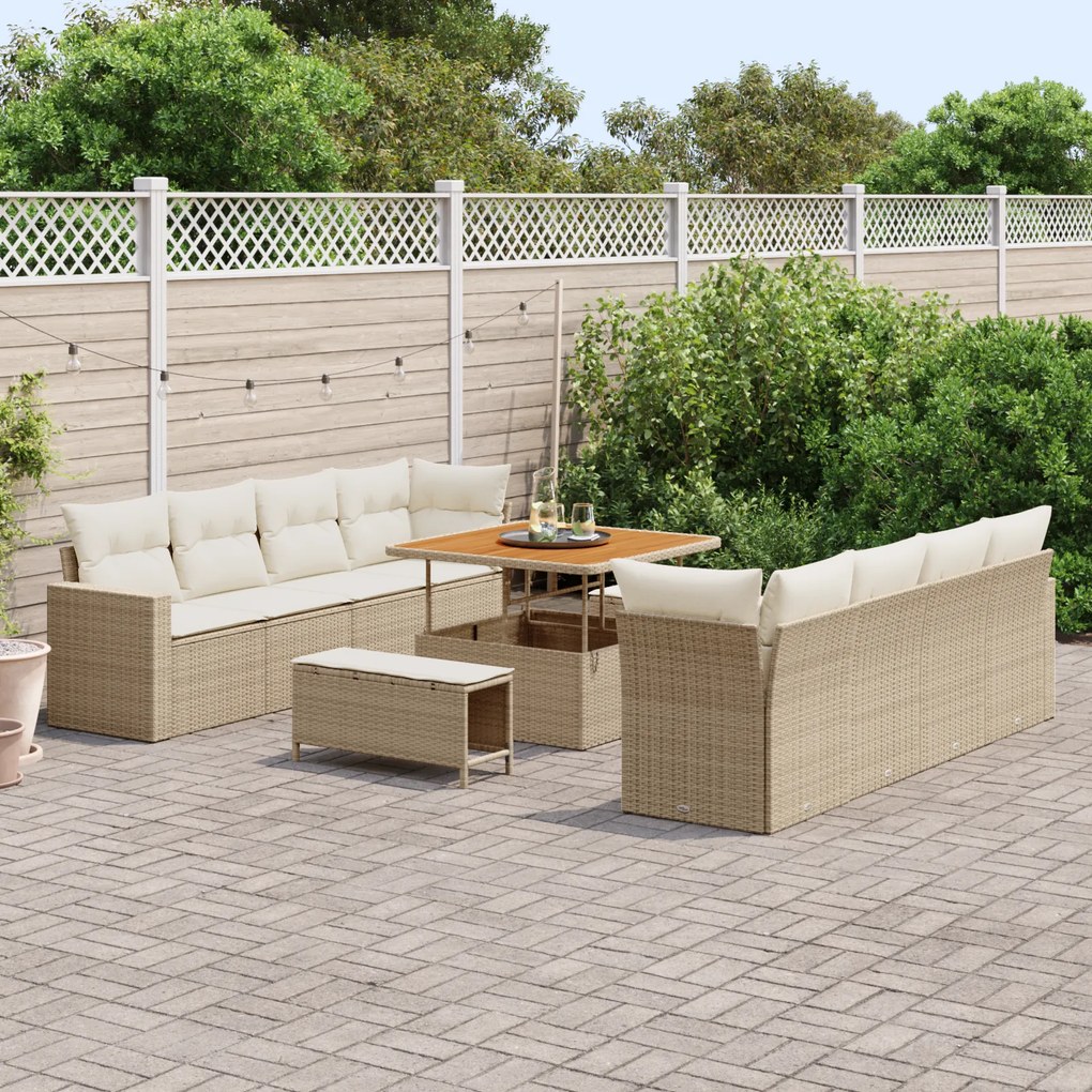 Conjunto de Sofá de Jardim 11 Peças com Almofadas Bege Polirattan Acác
