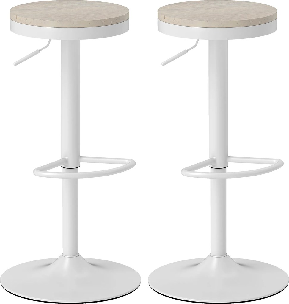 Conjunto de 2 bancos de bar, bancos giratórios com assento em madeira de seringueira, altura ajustável e apoio para os pés, branco