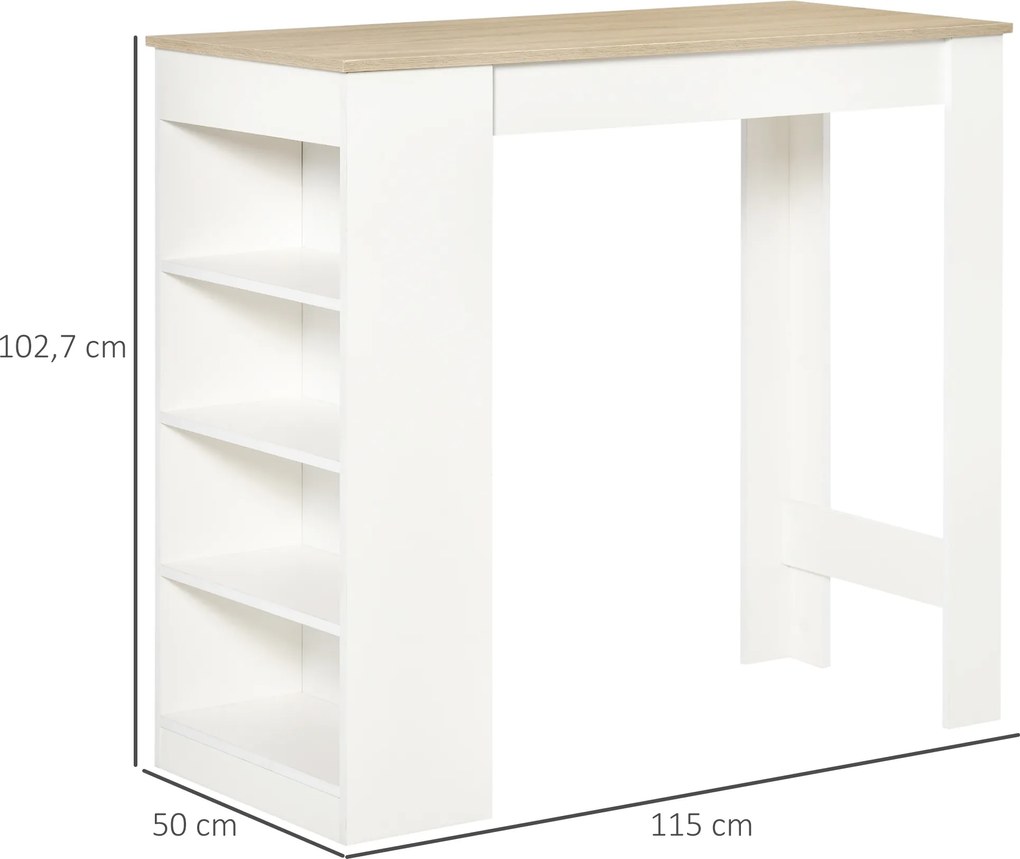 Mesa de bar para 2 pessoas, mesa alta para refeições em pé com 4 prateleiras abertas, 115 x 50 x 102,7 cm, branca e em madeira natural