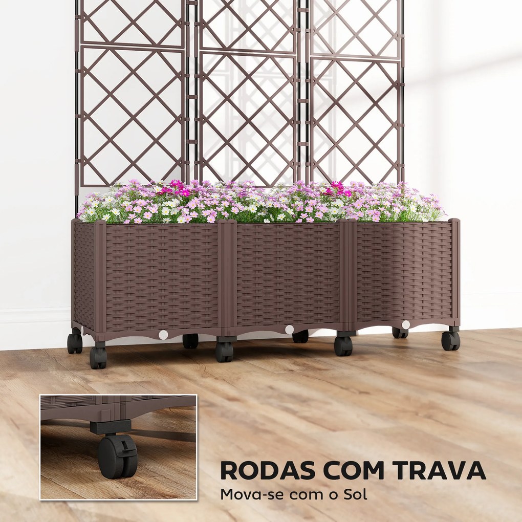 Floreira com Treliça e Rodas com Drenagem para Cultivo de Legumes Flores e Ervas 120x40x192 cm Castanho