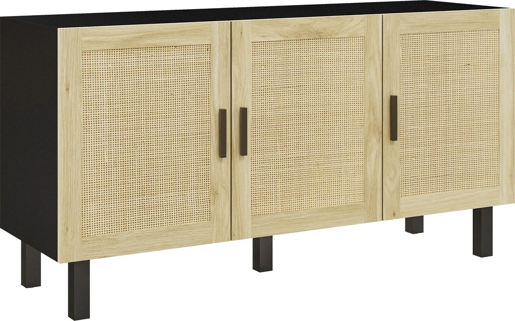 HOMCOM Móvel de arrumação com armários de portas efeito cannage, prateleiras ajustáveis, 136 x 41 x 70 cm, preto e madeira natural | Aosom Portugal