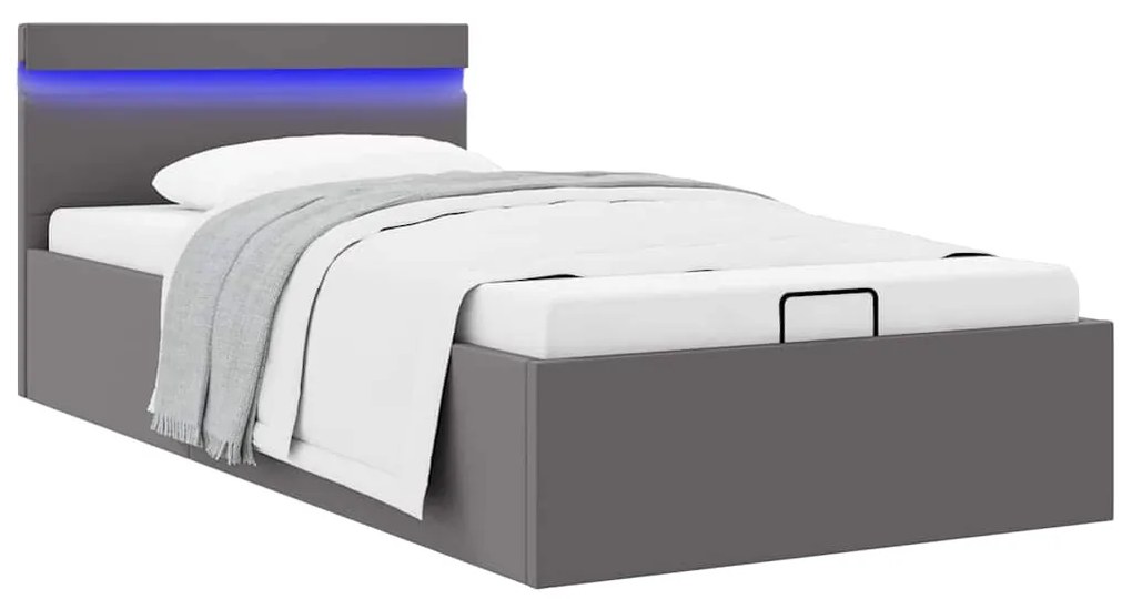 vidaXL Cama hidráulica c/ arrumação LED 100x200cm couro artific. cinza