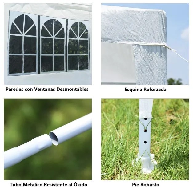 Tenda 3 x 3 m dobrável pátio pavilhão tenda com 4 paredes laterais removíveis janelas grandes  tubos de metal Branca