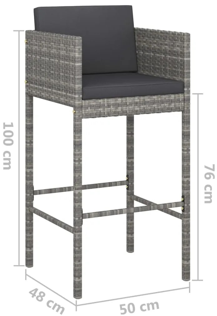 3 pcs conjunto de bar p/ jardim c/ almofadões vime PE cinzento