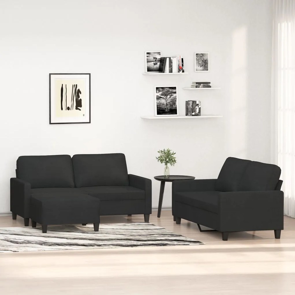 vidaXL 3 pcs conjunto de sofás com almofadões tecido preto