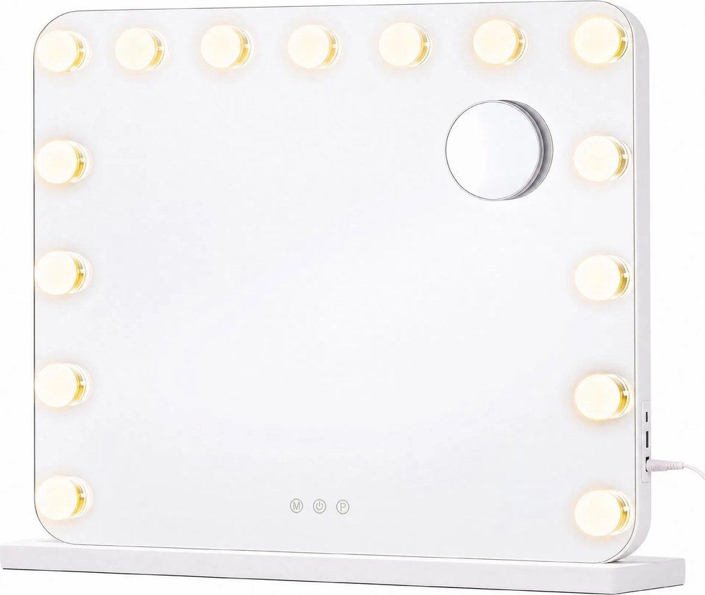 Espelho de maquilhagem 48 x 58 x 5,7 cm estilo Hollywood com 15 LEDs reguláveis Branco