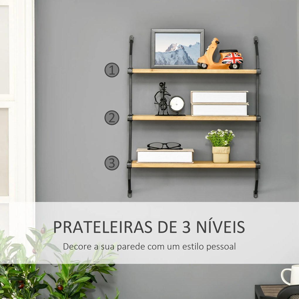 Estante de Parede de 3 Níveis Estante Flutuante de Madeira para Sala de Estar Dormitório Cozinha Sala de Jantar Carga Máxima 15kg 51x15x63,5cm Madeira