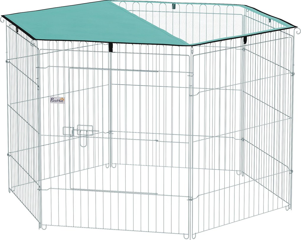 Parque para cães de 76 cm de altura, recinto para cães com 6 painéis e teto, modular e dobrável, recinto portátil com porta verde e prateada
