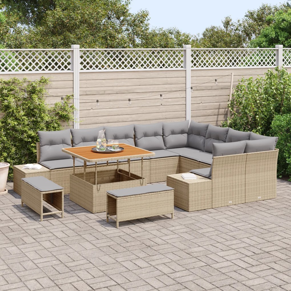 Conjunto de Sofá de Jardim vidaXL com 12 Peças e Almofadas Bege Rattan