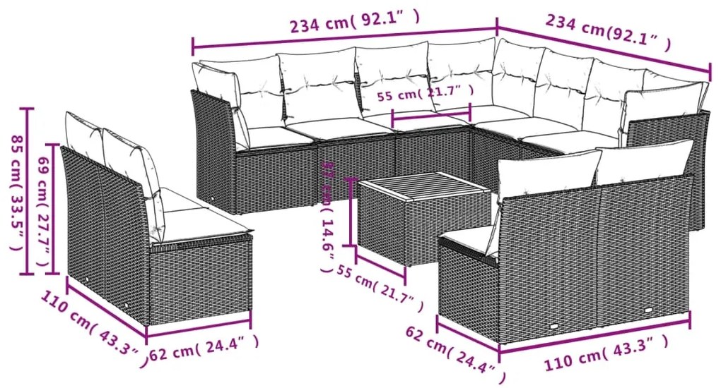 12 pcs conjunto sofás p/ jardim c/ almofadões vime PE cinzento