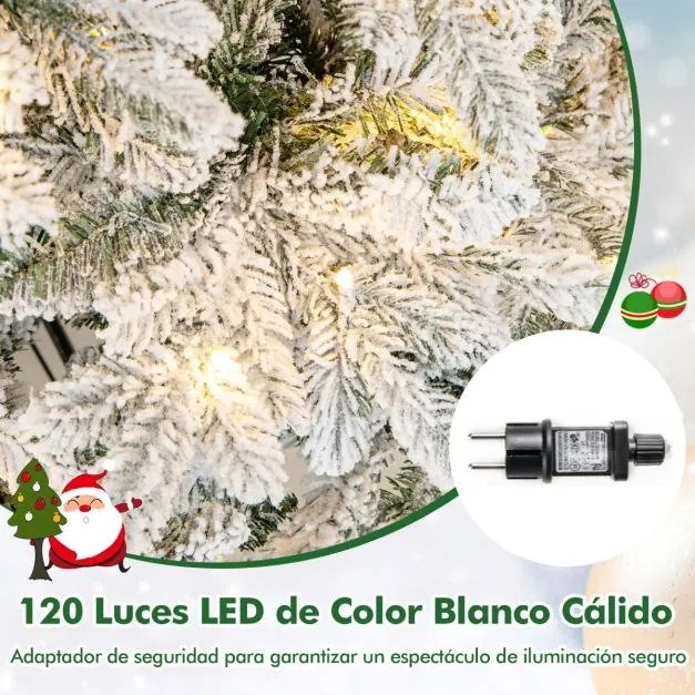 Árvore de Natal com neve de 135 cm com 737 ramos, 120 luzes LED quentes (DECORAÇÃO NÃO INCLUIDA) e design com dobradiças verdes