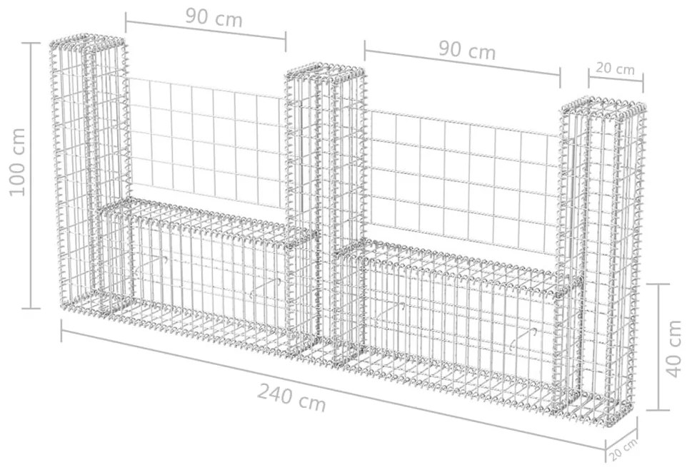 Cesto gabião em forma de U aço galvanizado 240x20x100 cm