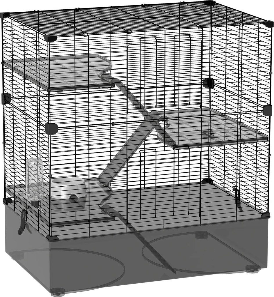 PawHut Gaiola para Pequenos Animais de 4 Níveis com Bandeja Inferior Gaiola para Roedores com Rampas Comedouro e Bebedouro 73x47x80 cm Preto | Aosom Portugal
