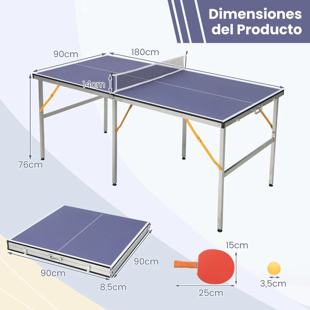 Conjunto de mesa Mesa de pingue-pongue crianças 180 x 90 x 76 cm dobrável com rede 2 raquetes 3 bolas Mesa portátil para uso interior e exterior Azul