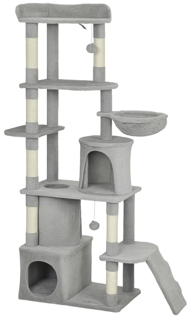 PawHut Arranhador para Gatos Grande com 7 Postes 1 Túnel 3 Plataformas 2 Cavernas 1 Rede 1 Poleiro 1 Rampa Pompons 60x40x170 cm Cinzento | Aosom Portugal
